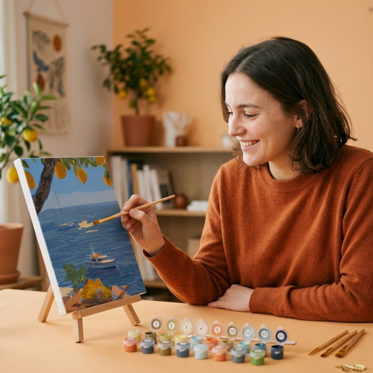 Découvrez l'apaisement avec nos kits de peinture par numéro Momena. Toile, pinceaux en bois et peintures inclus pour créer ce paysage méditerranéen. Livraison offerte.